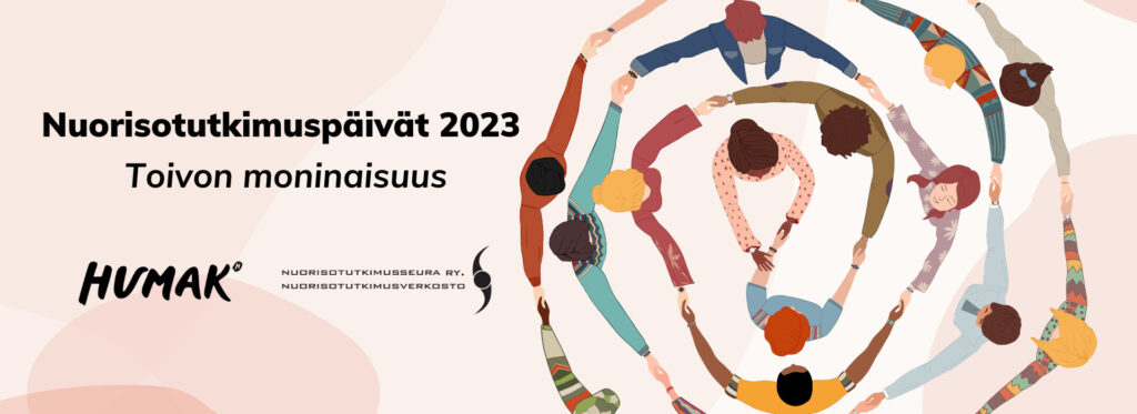 Teksti Nuorisotutkimuspäivät, toivon moninaisuus. Humakin ja Nuorisotutkimusseuran logo. Piirretty kuva, jossa ihmisiä ympyrässä pitämässä toisiaan käsistä kiinni.